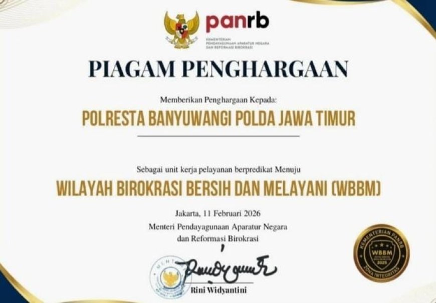 Penghargaan ZI Menuju WBBM 2025 Diraih Polresta Banyuwangi